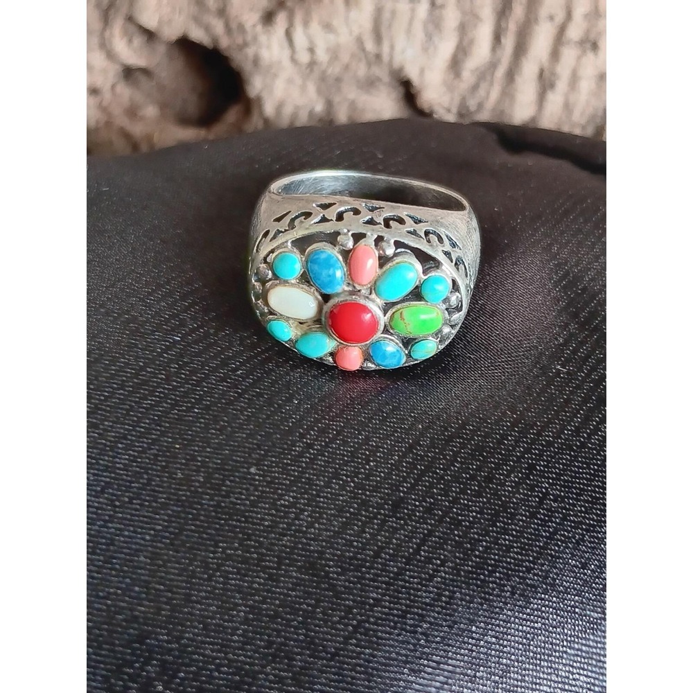 Turquoise, Red Coral  Multi Stone Ring Turquoise, Red Coral Size 6/ 925 Sterlin